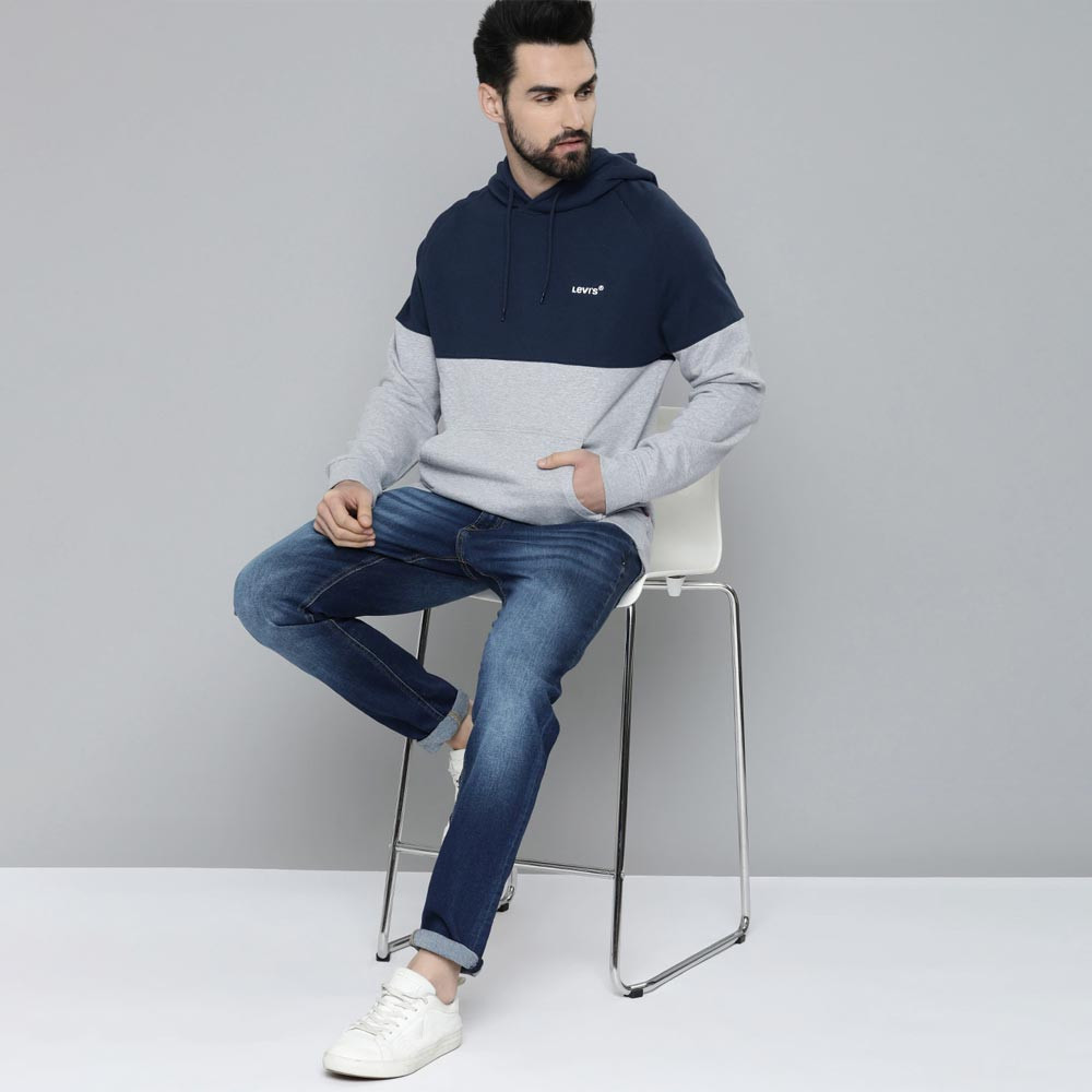 Men Grey & Blue Colourblocked Pure Cotton Hooded Sweatshirt