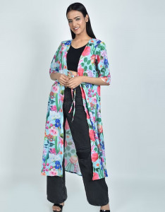 Women Printed Longline Tie-Up Shrug