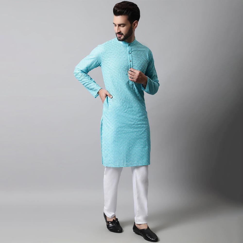 Men Turquoise Blue & White Self Design Kurta with Pyjamas