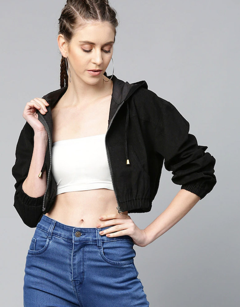 Women Black Solid Corduroy Cropped Bomber Jacket