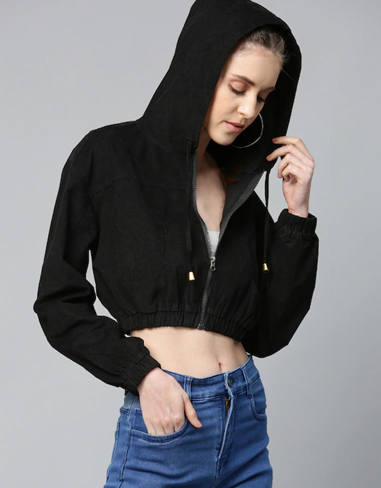 Women Black Solid Corduroy Cropped Bomber Jacket