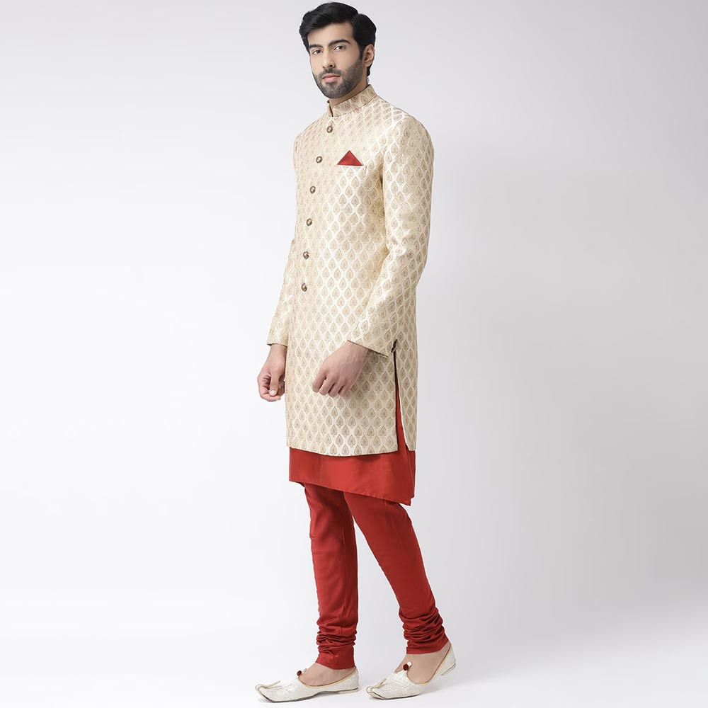 Men Cream-Coloured & Red Printed Sherwani Set