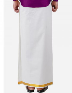 Men White & Gold-Coloured Solid Pure Cotton Dhoti