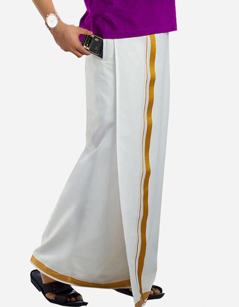 Men White & Gold-Coloured Solid Pure Cotton Dhoti