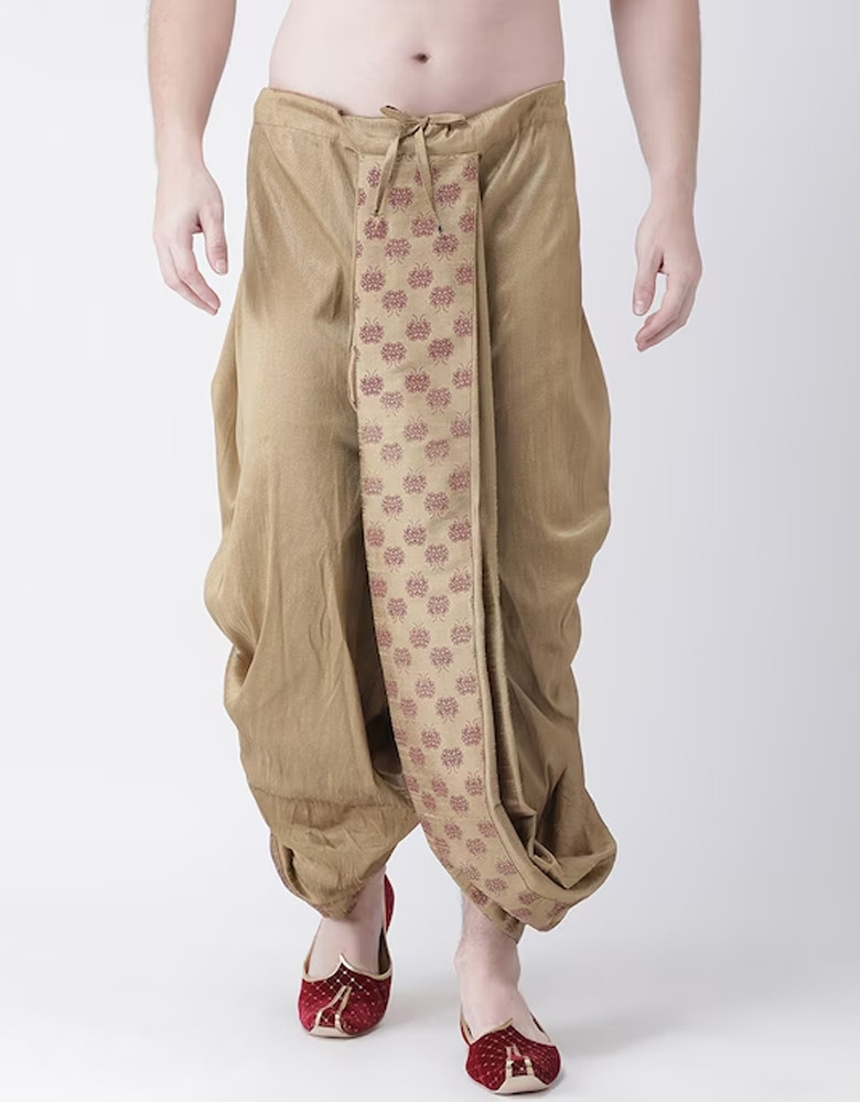 Men Beige & Maroon Printed Dupion Silk Dhoti