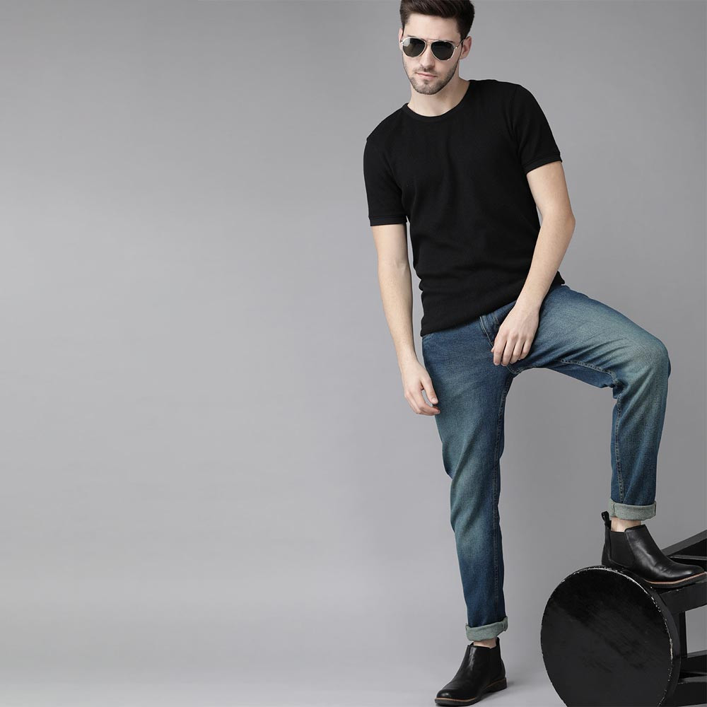 Men Navy Blue Light Fade Carrot Fit Stretchable Jeans