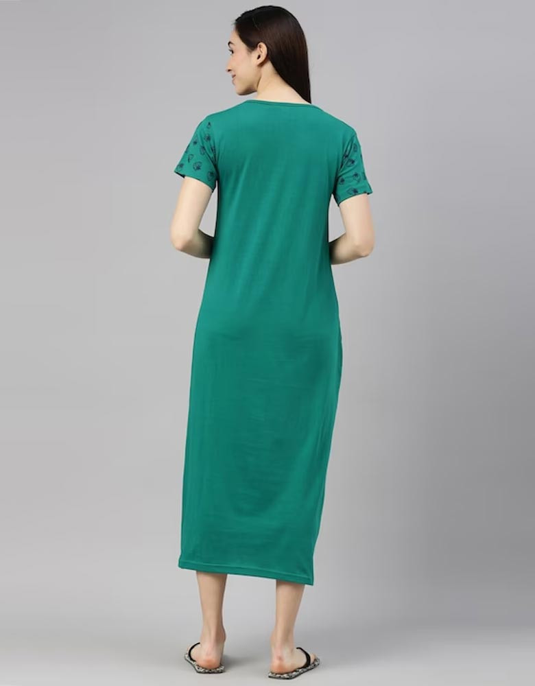 Women Sea Green Printed Cotton Nightdress