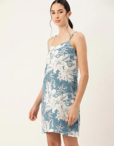 Women Off White & Blue Printed Nightdress