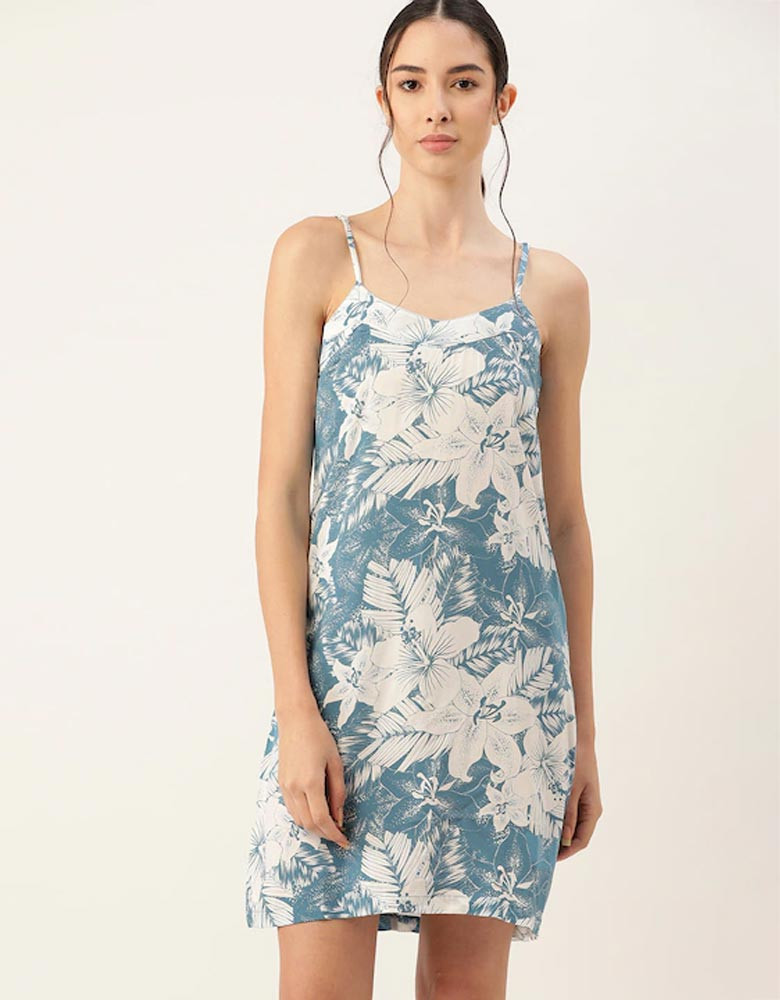 Women Off White & Blue Printed Nightdress