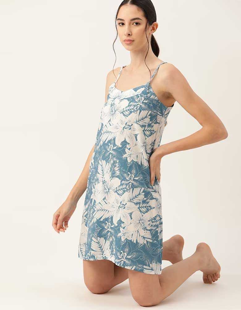 Women Off White & Blue Printed Nightdress