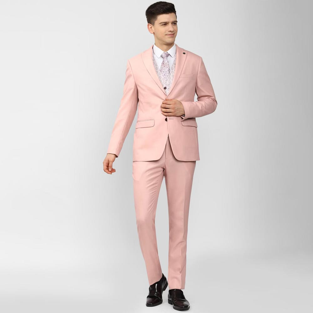 Men Pink Solid Slim-Fit Single-Breasted Three-Piece Formal Suit