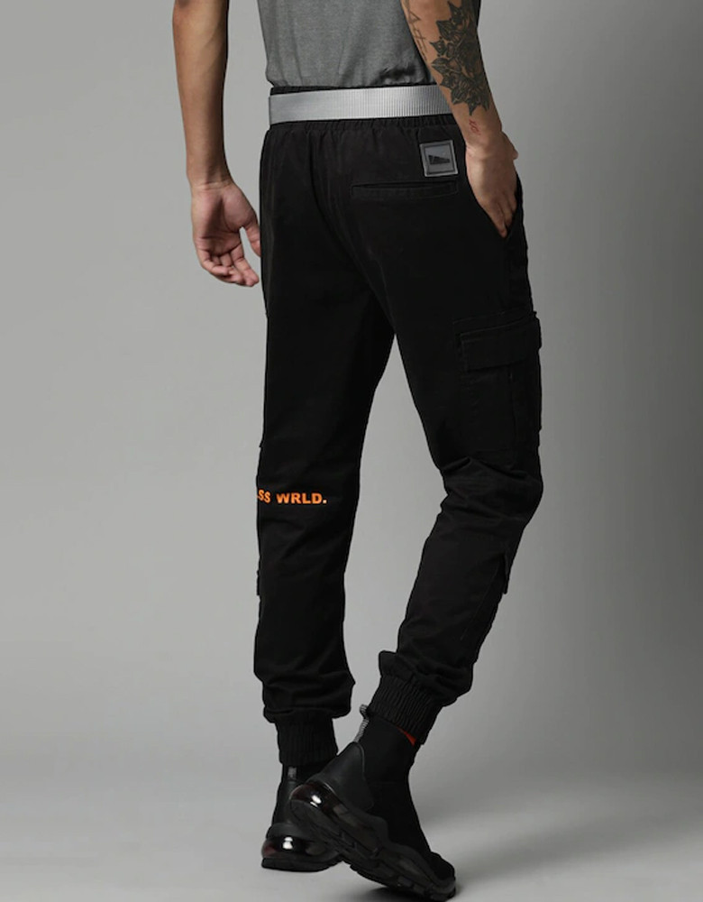 Men Black Solid Slim Fit Cotton Cargos Trousers