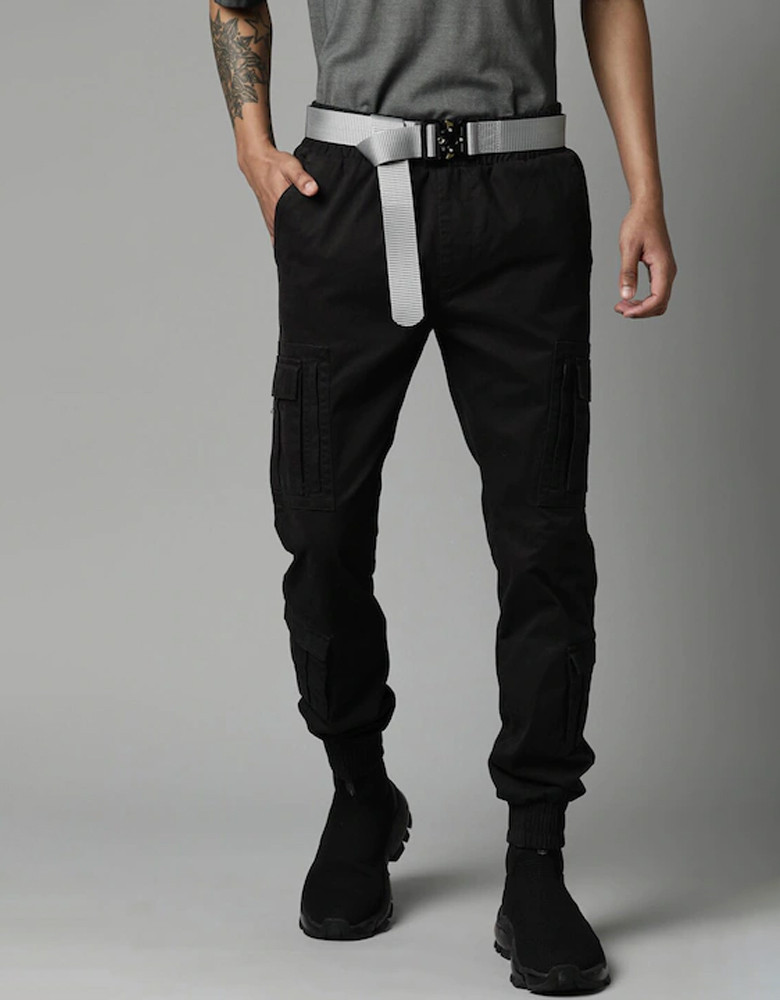 Men Black Solid Slim Fit Cotton Cargos Trousers