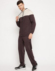 Men Coffee Brown & Cream Colored Colorblocked Fleece Tracksuit