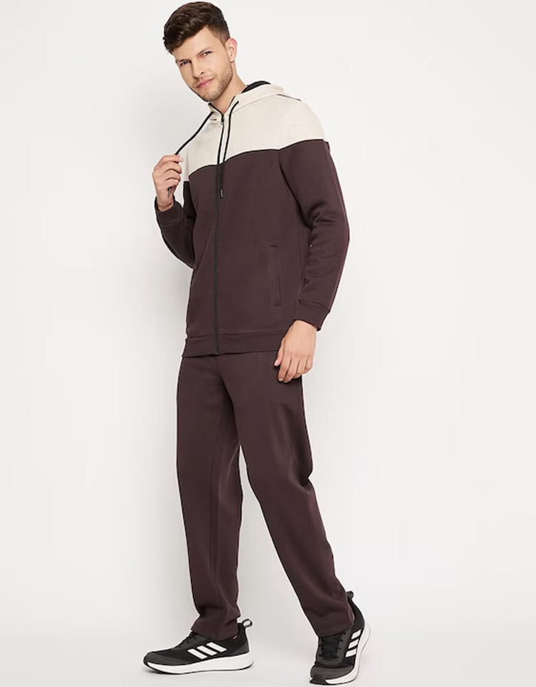 Men Coffee Brown & Cream Colored Colorblocked Fleece Tracksuit