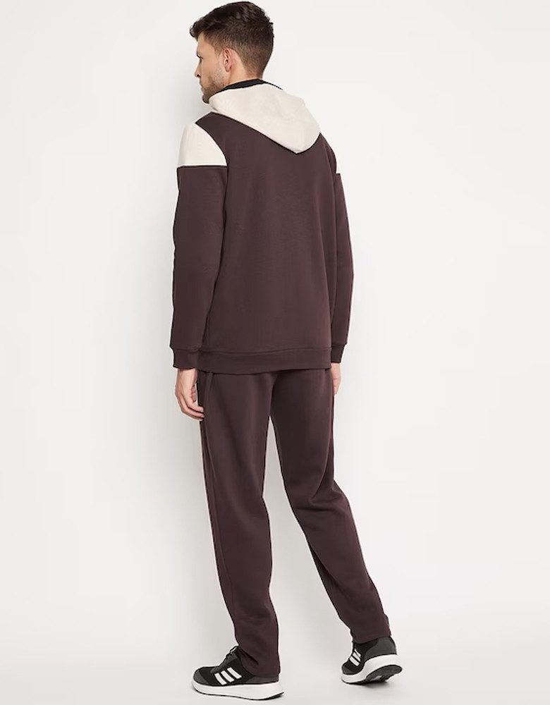 Men Coffee Brown & Cream Colored Colorblocked Fleece Tracksuit