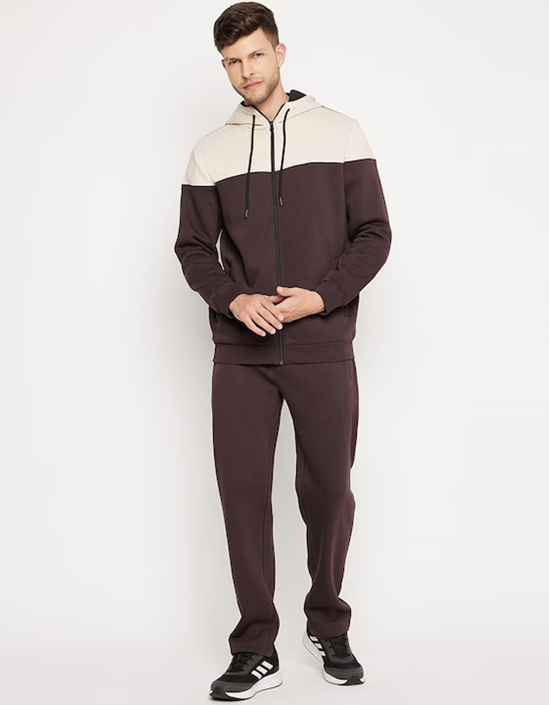 Men Coffee Brown & Cream Colored Colorblocked Fleece Tracksuit