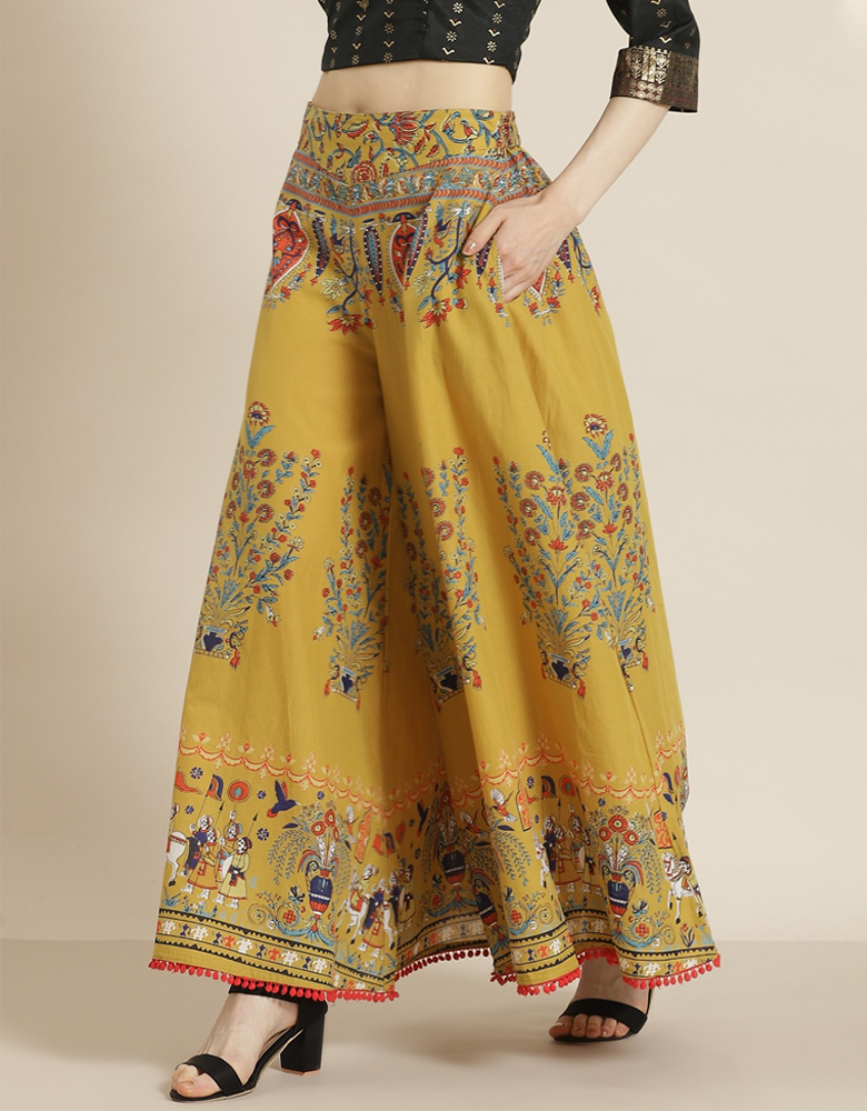 Women Mustard Yellow & Red Ethnic Motifs Printed Cotton Flared Palazzos