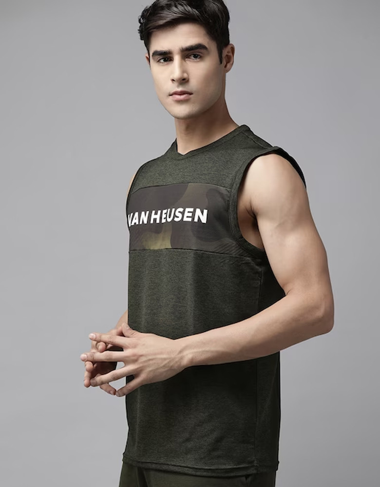 Men Olive Green Brand Logo Printed Active Fit T-shirt