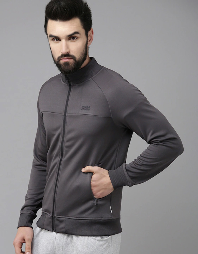 Men Grey Solid Track Jacket