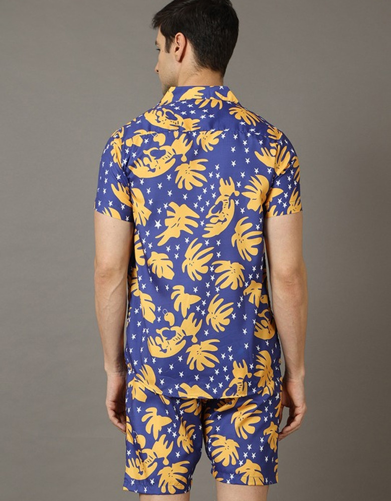 Men Blue & Yellow Printed Nightsuit