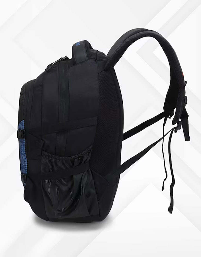 Black & Blue Typography Backpack with Compression Straps