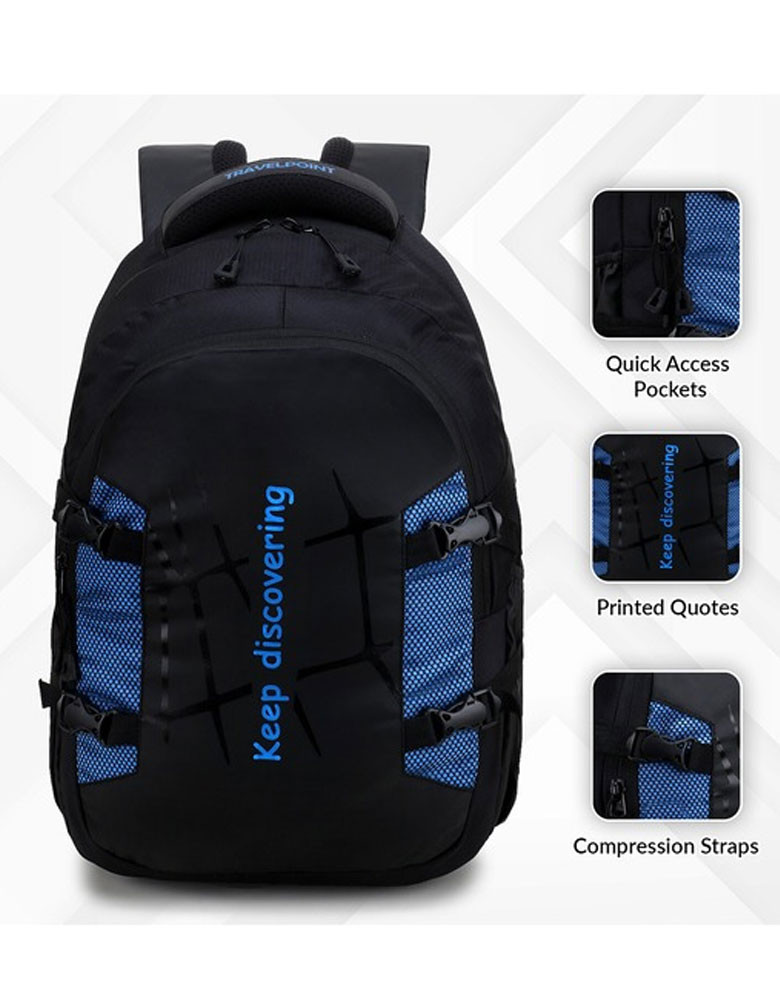 Black & Blue Typography Backpack with Compression Straps