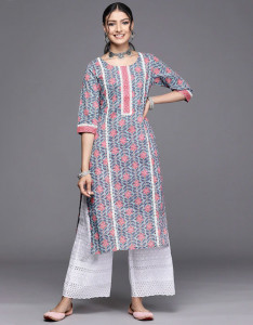 Women Blue & Pink Floral Motifs Printed Kurta