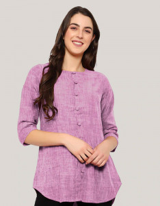 Women's Purple Solid Cotton Linen Tunic Round Neck Button Tops