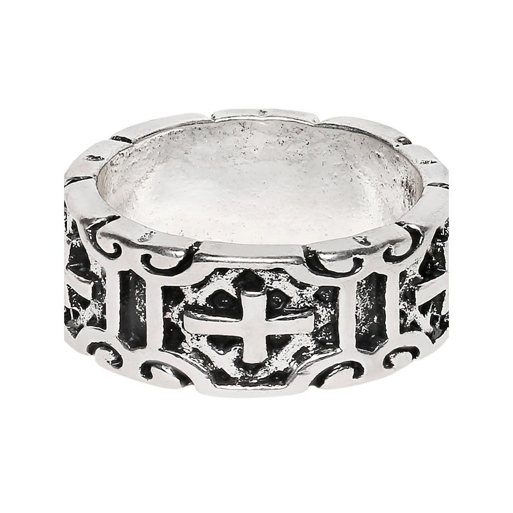 Men Antique Silver-Toned & Black Knights Templars Broad Band Biker Finger Ring