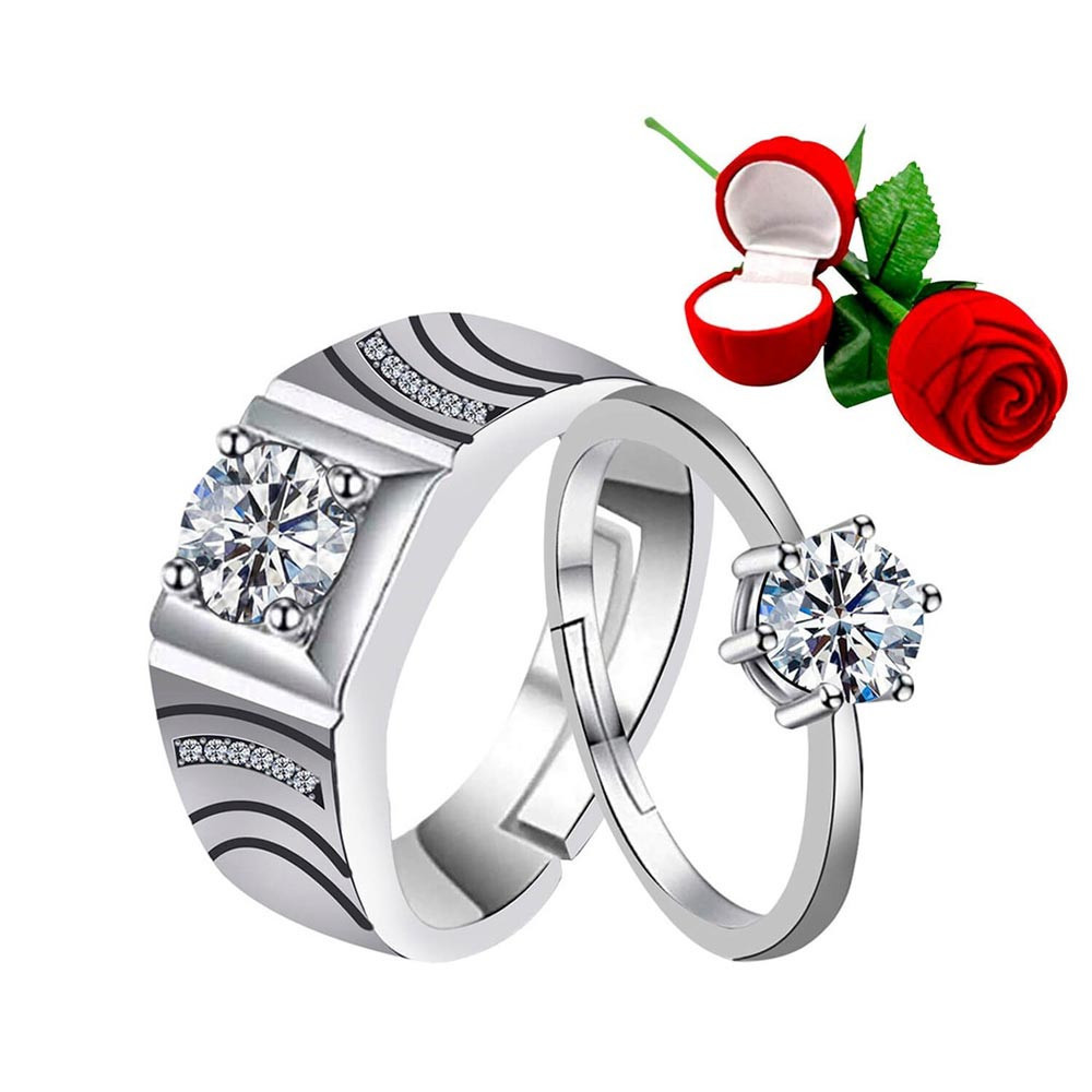 Set Of 2 Silver-Plated White CZ-Studded Couple Adjustable Finger Rings