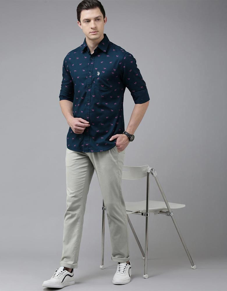 U S Polo Assn Men Navy Blue Animal Printed Pure Cotton Casual Shirt