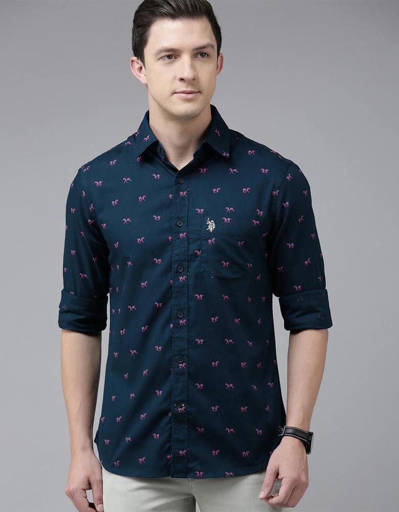 U S Polo Assn Men Navy Blue Animal Printed Pure Cotton Casual Shirt