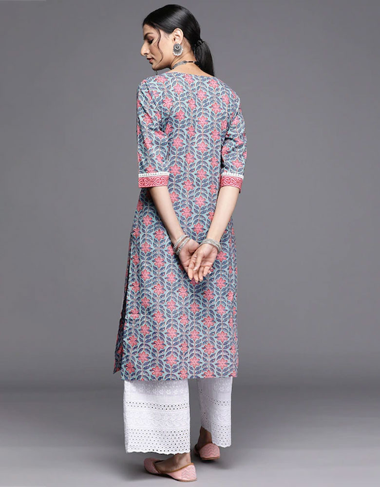 Women Blue & Pink Floral Motifs Printed Kurta