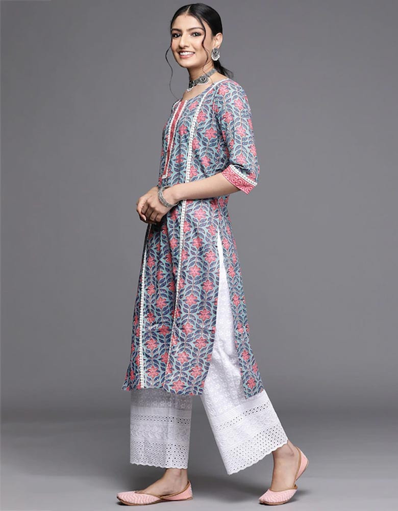 Women Blue & Pink Floral Motifs Printed Kurta