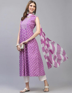 Women Purple Geometric Printed Kurta with Dupatta