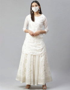 Women Off-White Golden Mukaish Work Straight Kurta